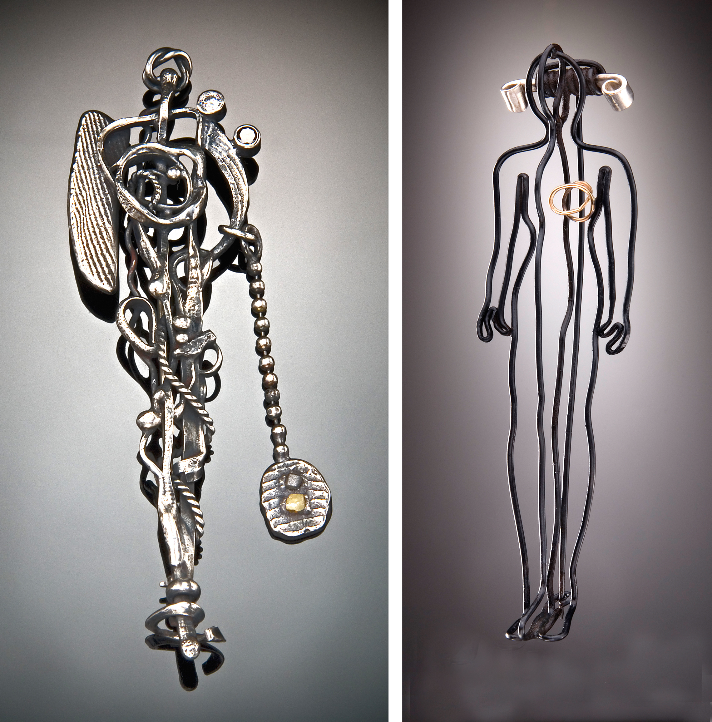 Recycled Saint Brooch and Iron Woman with Golden Heart Brooch