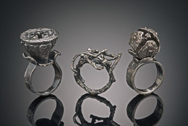 Set of 3 Organic Rings (Eucalyptus seed pod, branches, Cypress seed pod); each approx. 1-14 in. x 1 in.; Sterling silver; $300.00 each